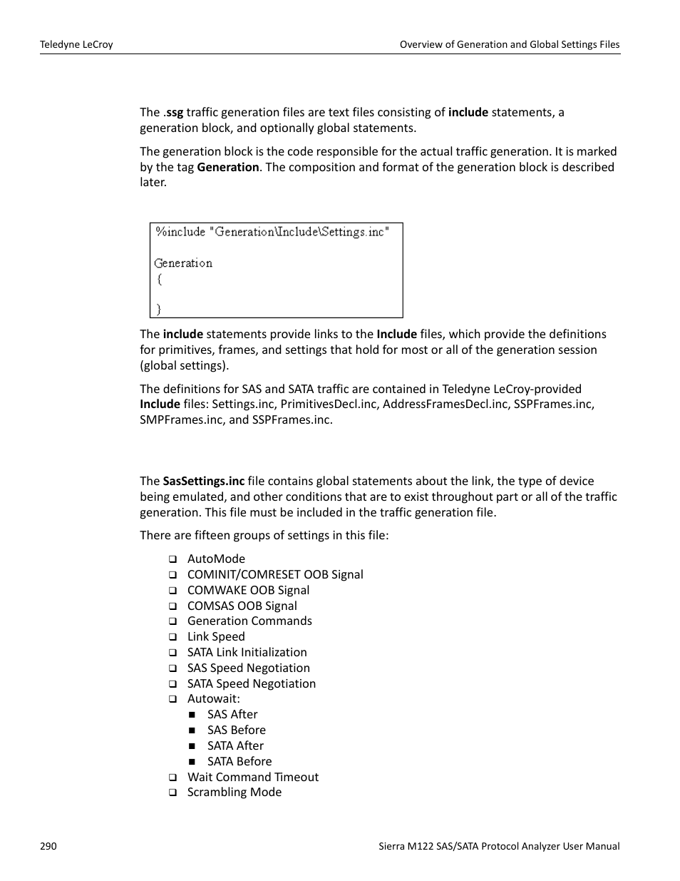 1 traffic generation (*.ssg) files, 2 sassettings.inc file | Teledyne LeCroy Sierra M122 User Manual User Manual | Page 292 / 385