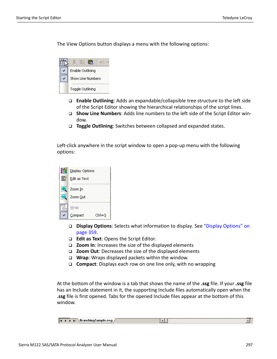 View options menu, Pop-up menu, File tabs | Teledyne LeCroy Sierra M122 User Manual User Manual | Page 299 / 385