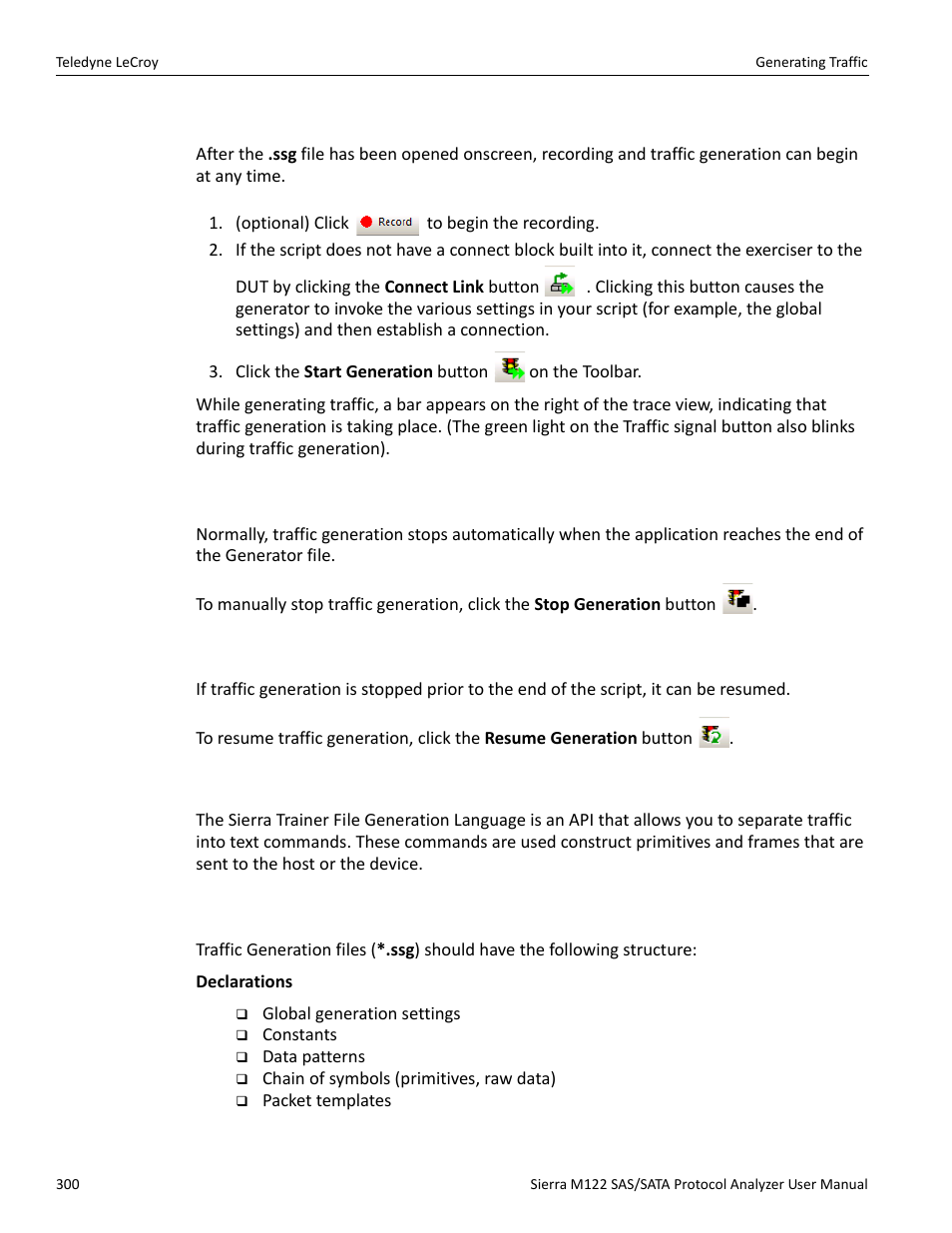 10 generating traffic, 1 stop traffic generation, 2 resume traffic generation | 11 sierra trainer generation language, 1 file structure | Teledyne LeCroy Sierra M122 User Manual User Manual | Page 302 / 385