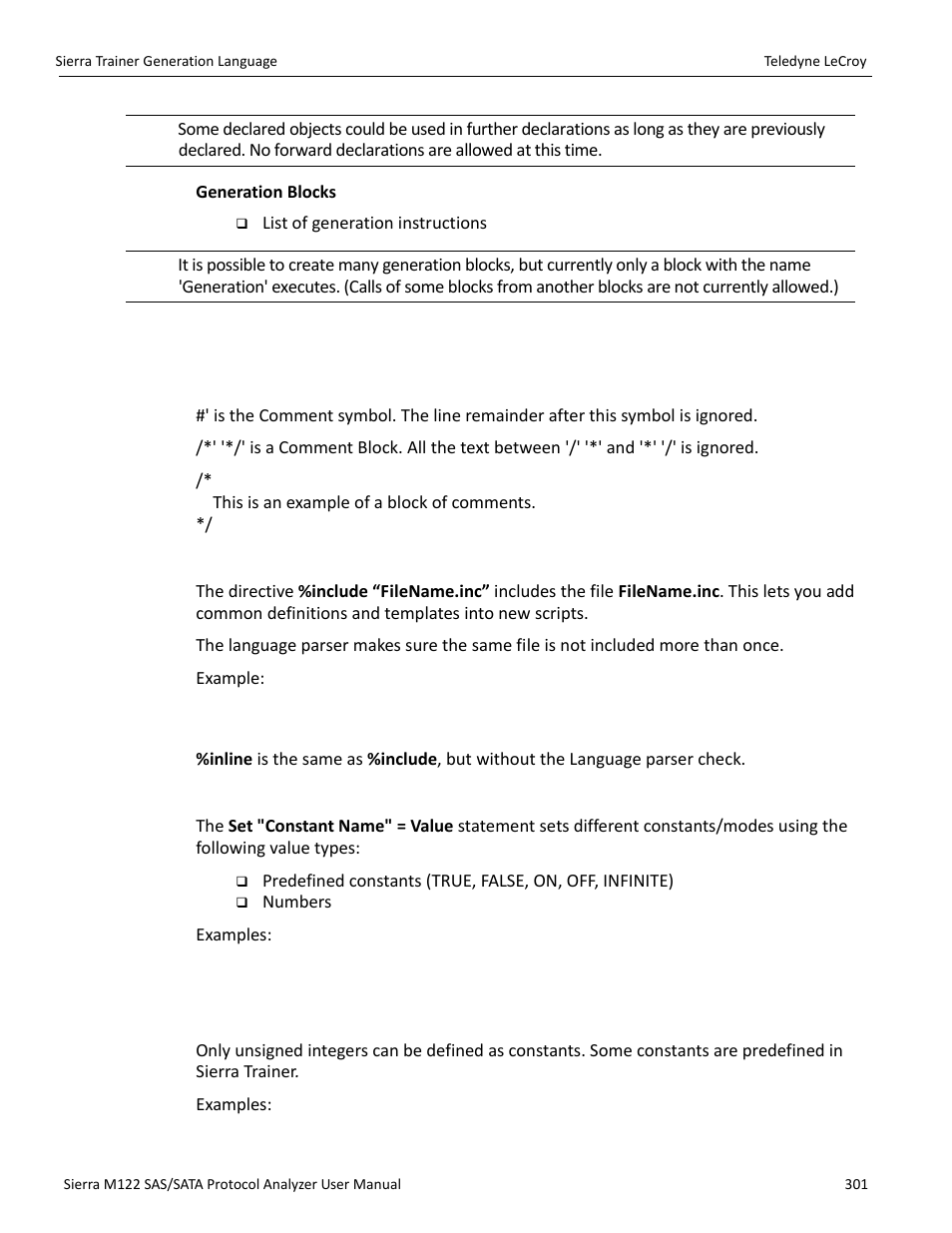 2 language, Comments, Includes | Settings, Constants | Teledyne LeCroy Sierra M122 User Manual User Manual | Page 303 / 385