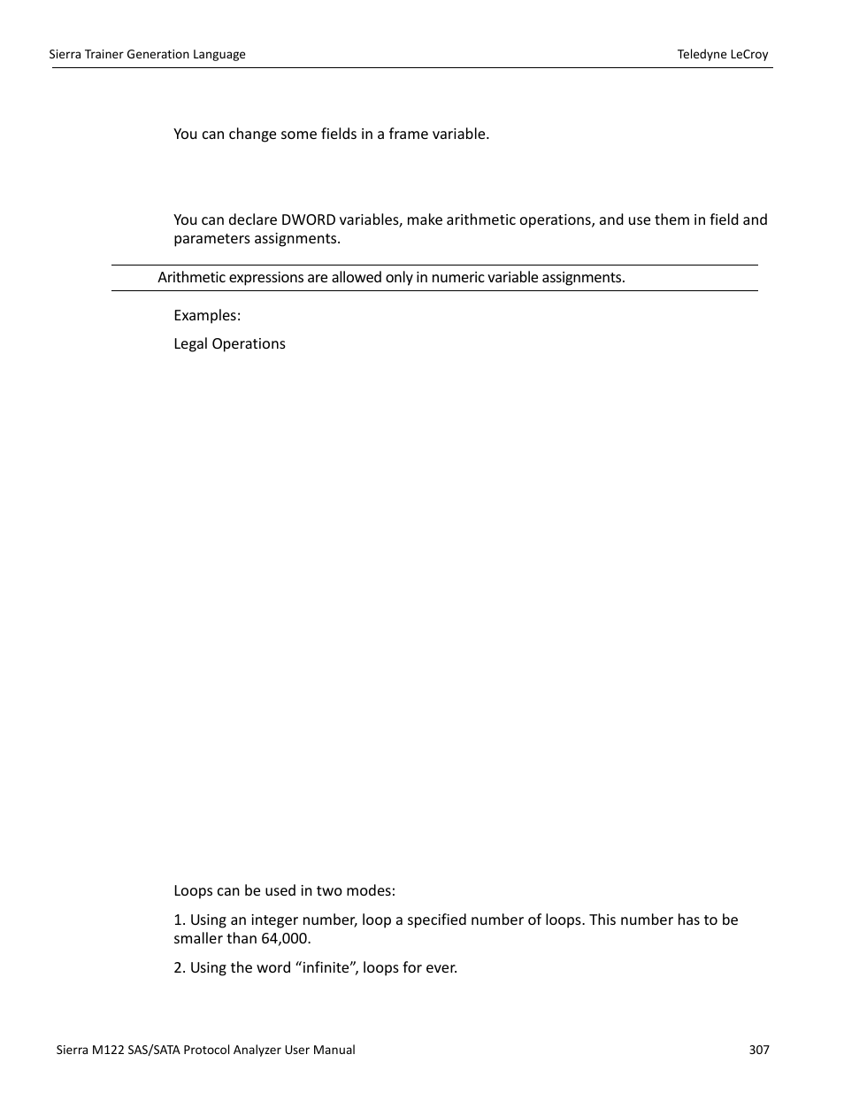 Changing frame fields, Preprocessor integer arithmetic, Loops | Teledyne LeCroy Sierra M122 User Manual User Manual | Page 309 / 385