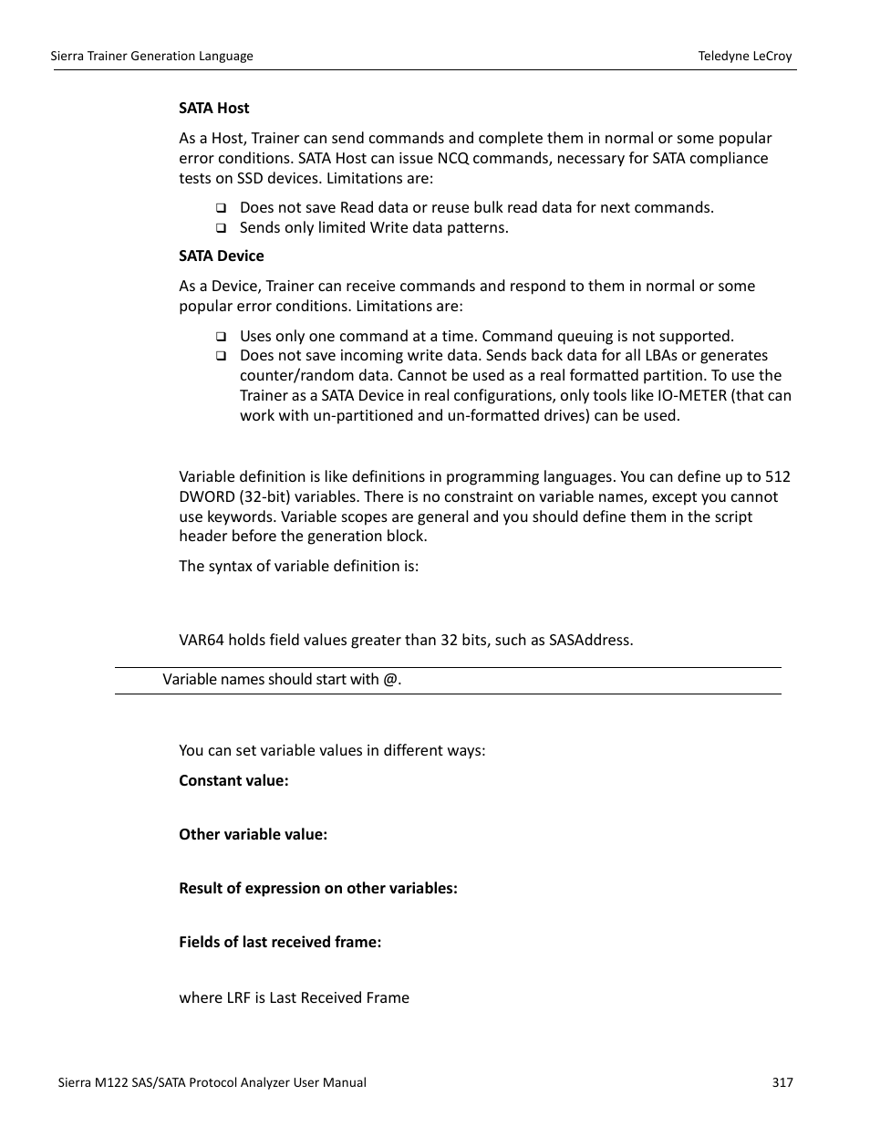 Variable definition, Assigning variable values | Teledyne LeCroy Sierra M122 User Manual User Manual | Page 319 / 385