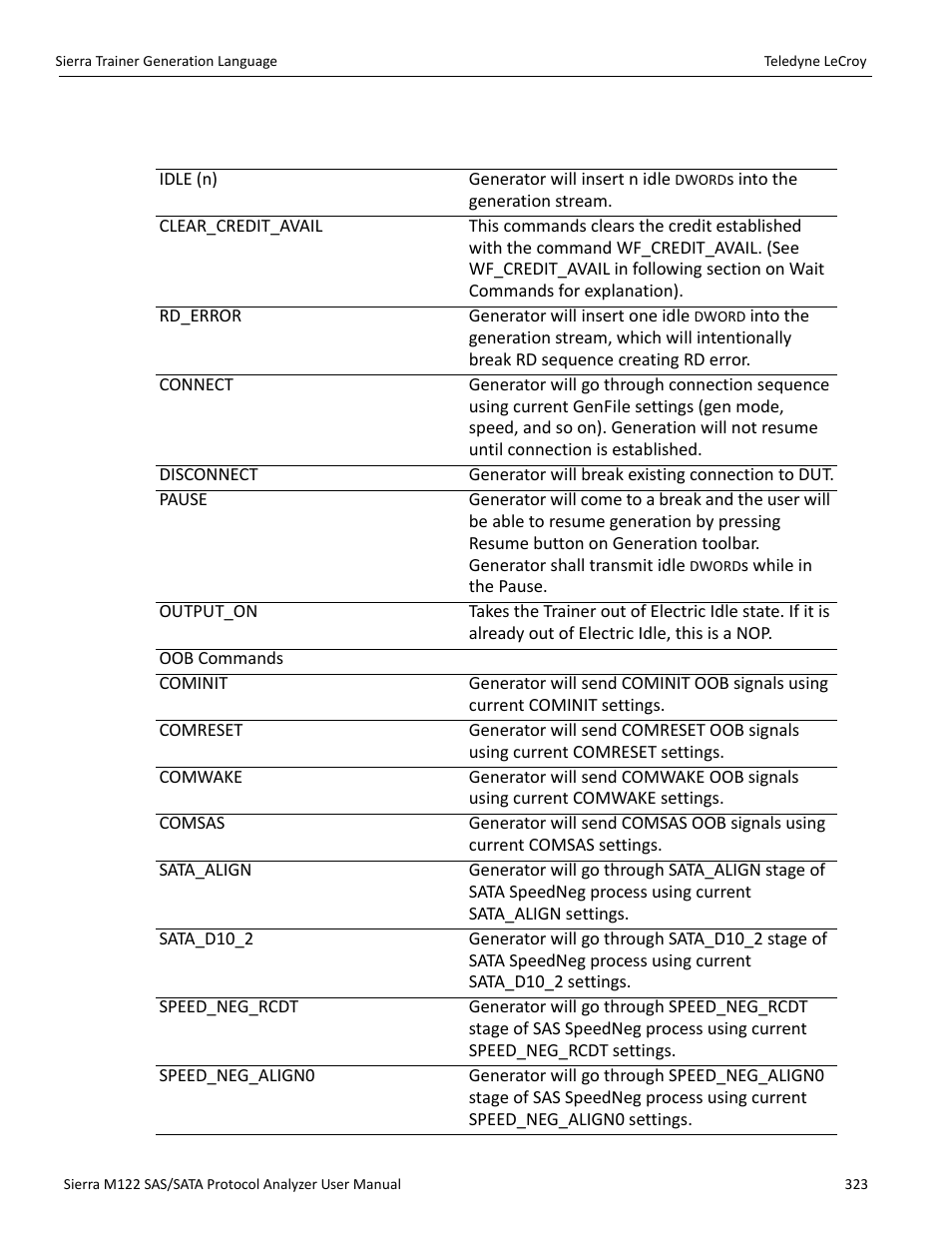 7 sierra trainer generation commands, General commands | Teledyne LeCroy Sierra M122 User Manual User Manual | Page 325 / 385