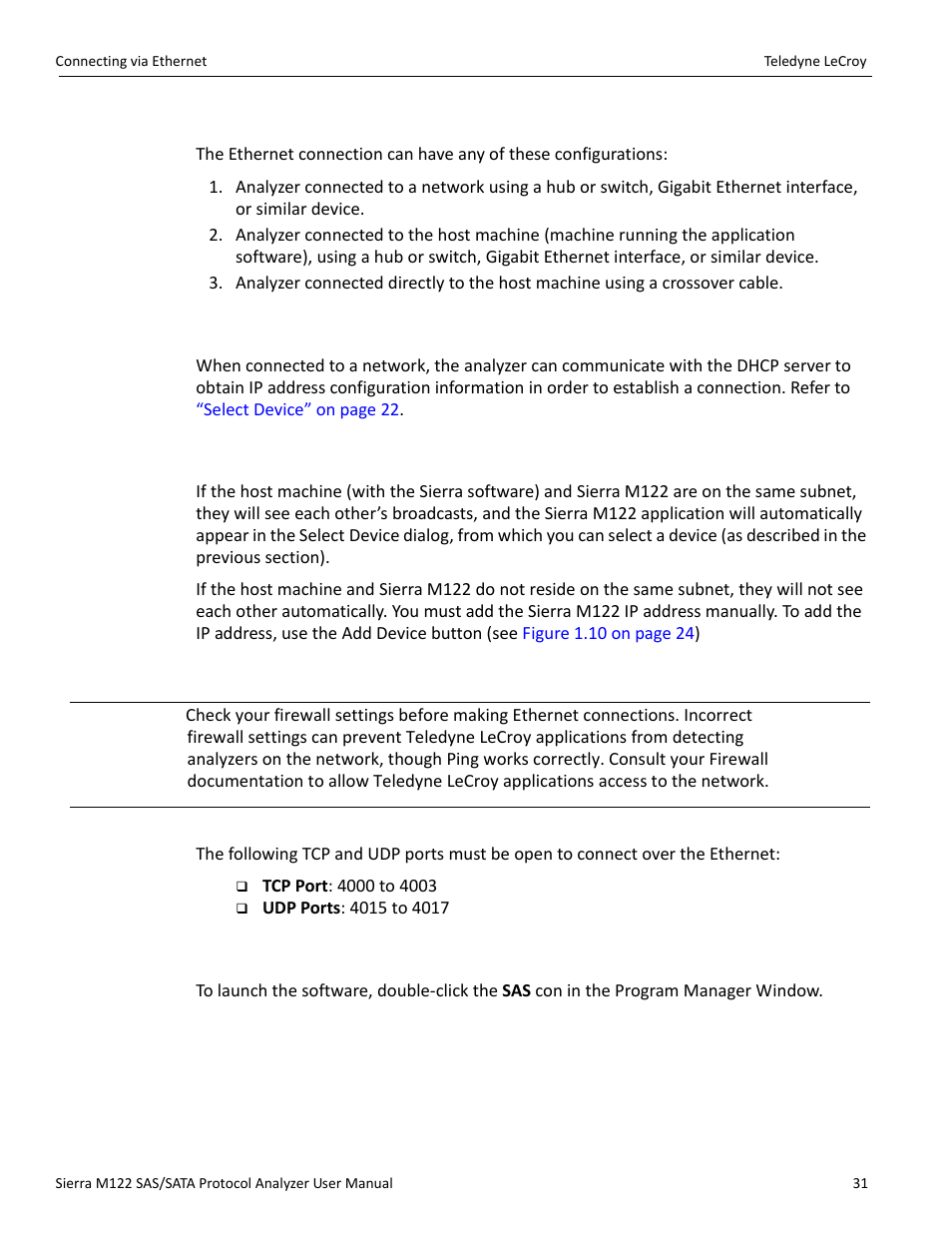 11 connecting via ethernet, 12 connecting to a network, 13 connecting over different subnets | 15 launching your analyzer | Teledyne LeCroy Sierra M122 User Manual User Manual | Page 33 / 385