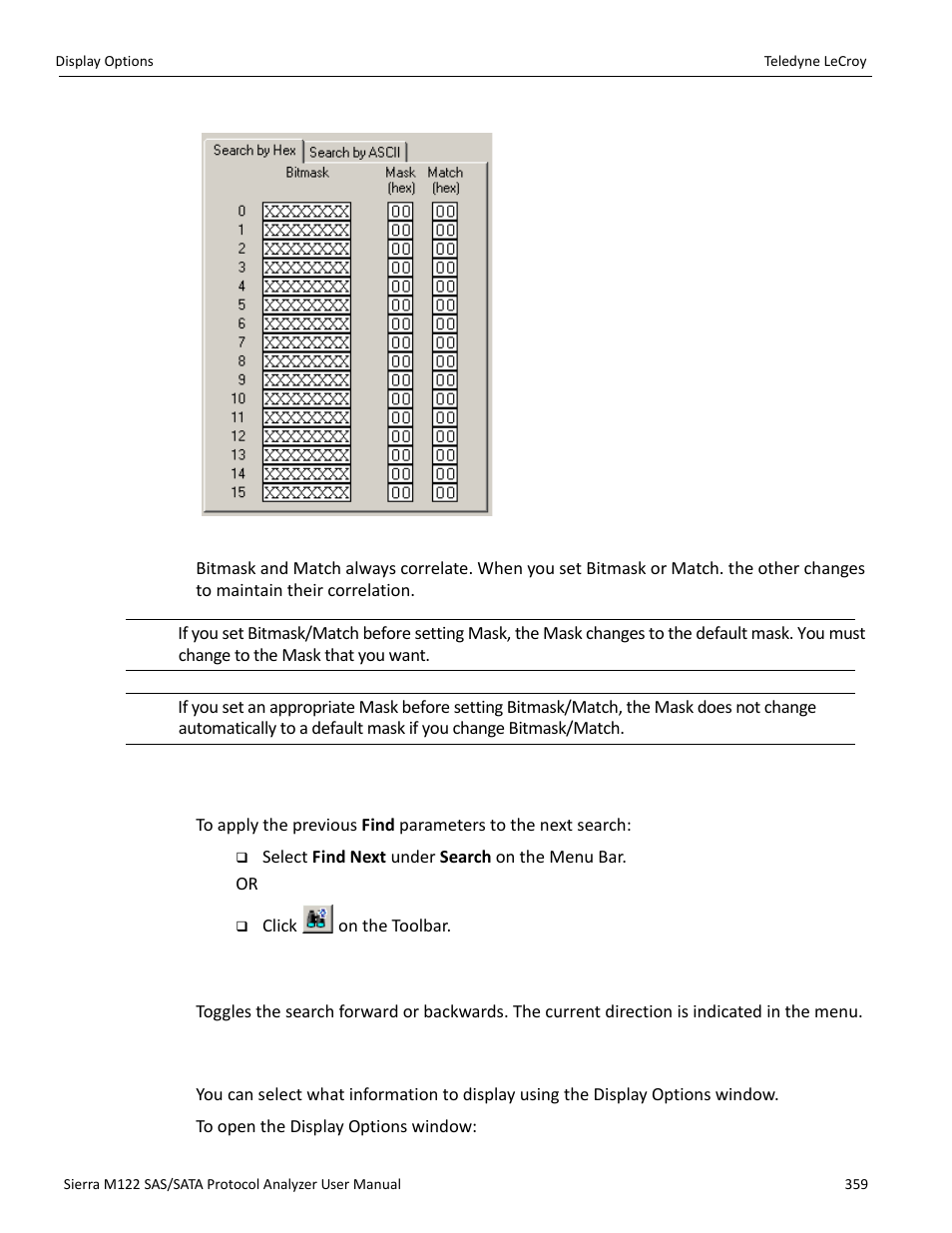 19 find next, 20 search direction, 12 display options | Teledyne LeCroy Sierra M122 User Manual User Manual | Page 361 / 385