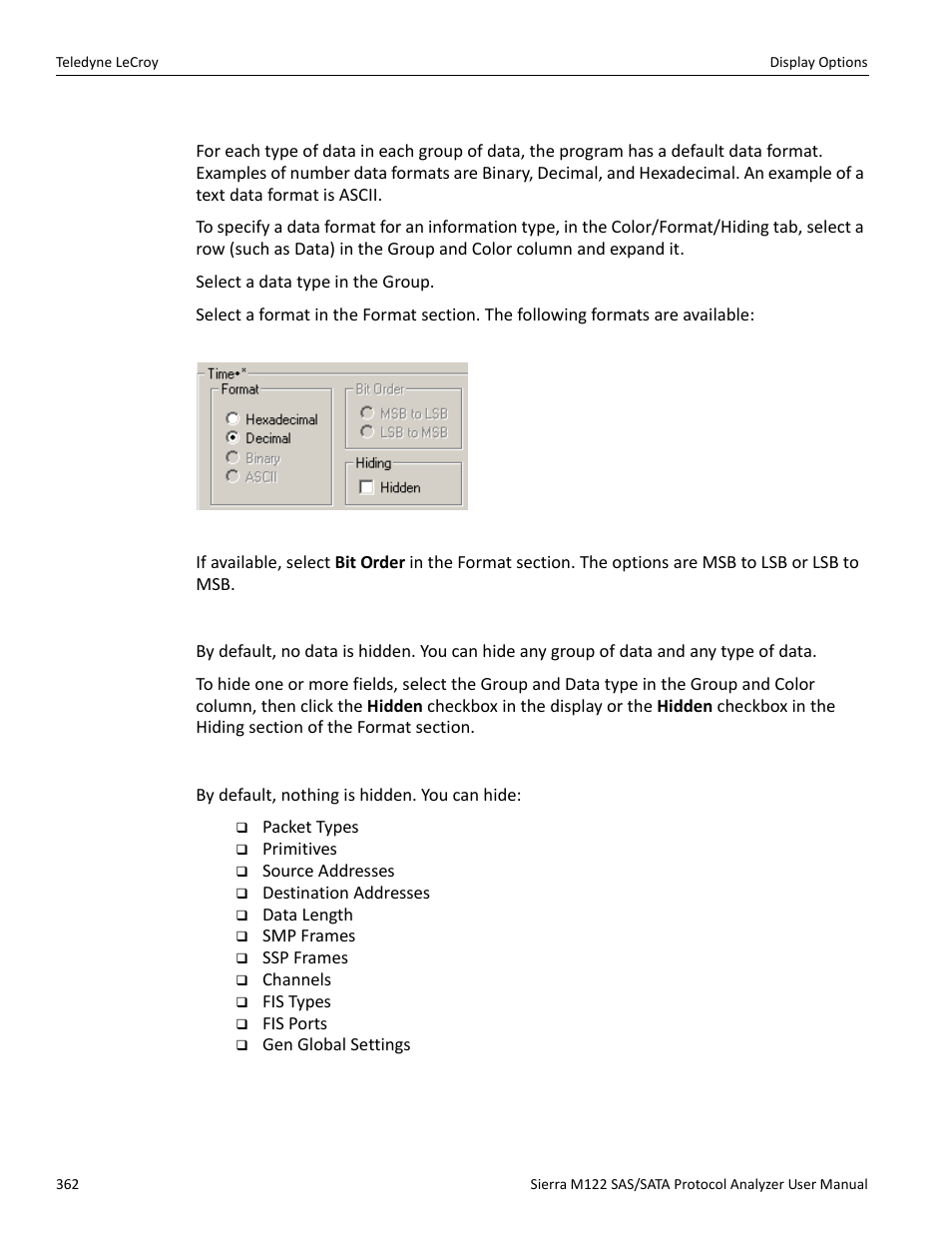Formats display options, Hiding display options, Level hiding options | Teledyne LeCroy Sierra M122 User Manual User Manual | Page 364 / 385