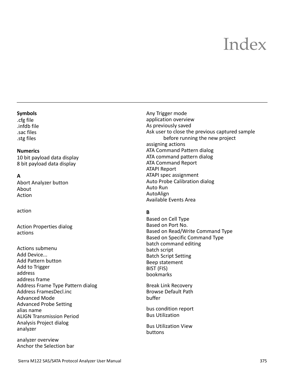 Index | Teledyne LeCroy Sierra M122 User Manual User Manual | Page 377 / 385