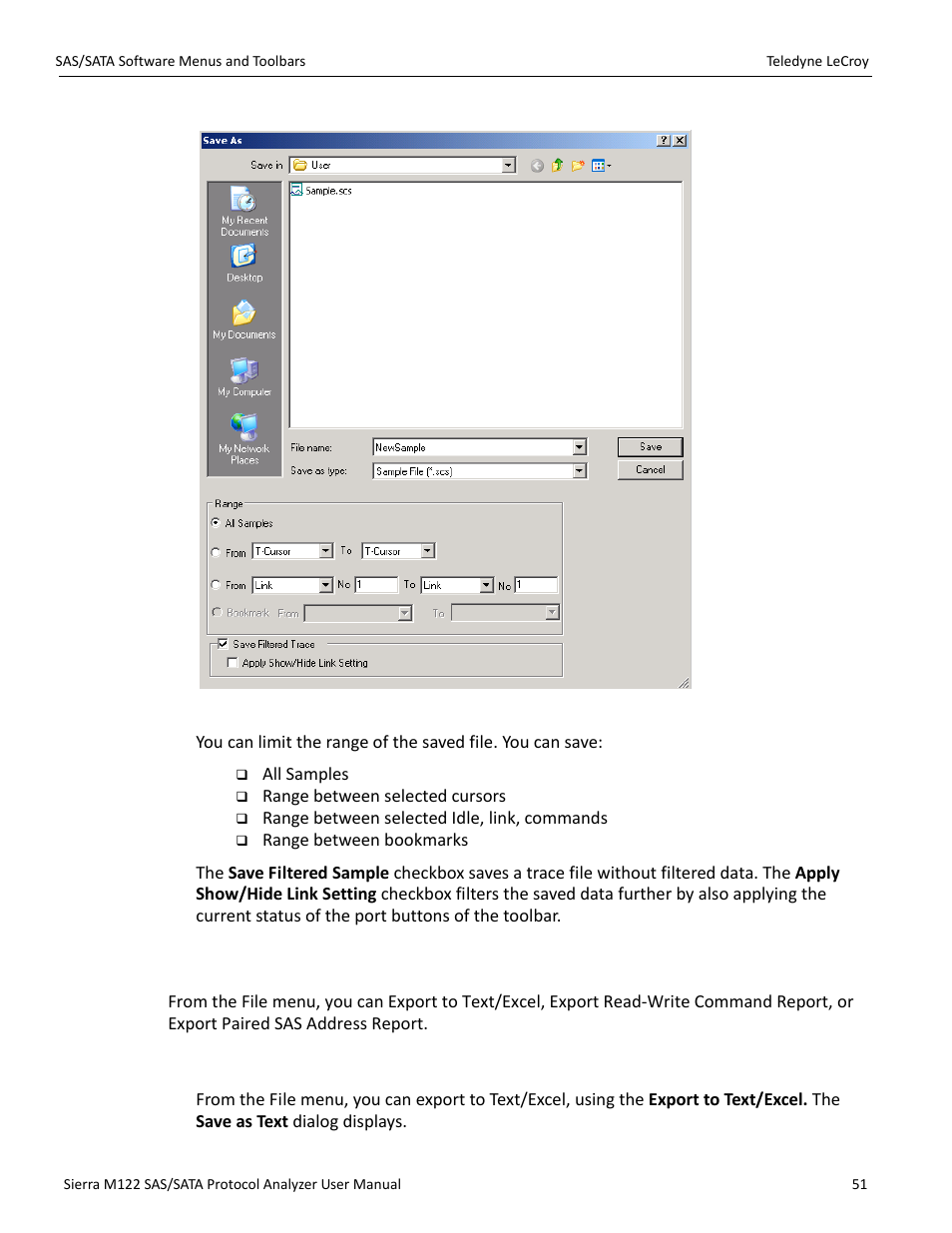 9 exporting, Export to text/excel | Teledyne LeCroy Sierra M122 User Manual User Manual | Page 53 / 385