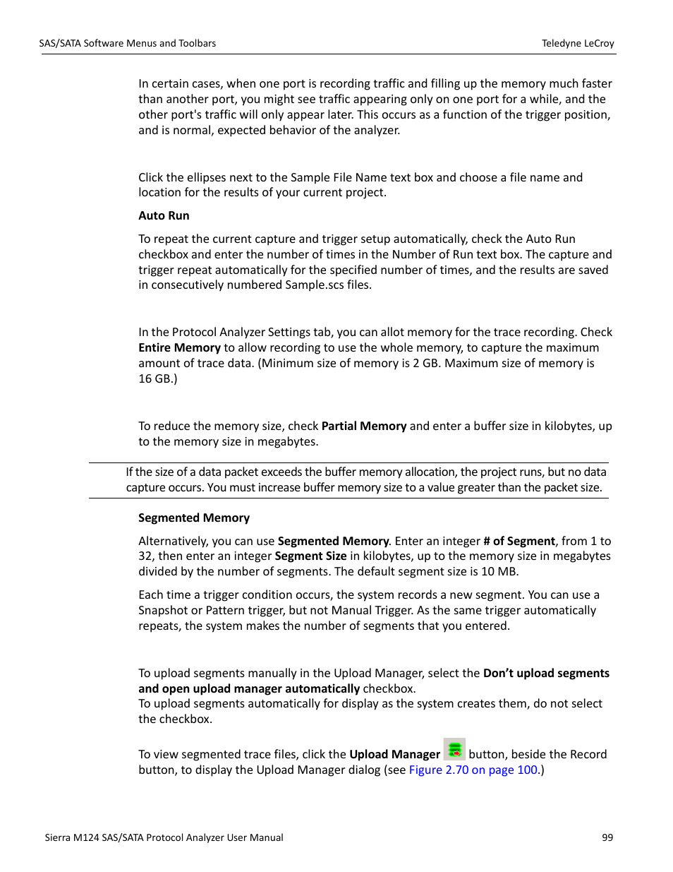 Trace file name, Memory size, Partial memory | Upload manager | Teledyne LeCroy Sierra M124 User Manual User Manual | Page 101 / 391