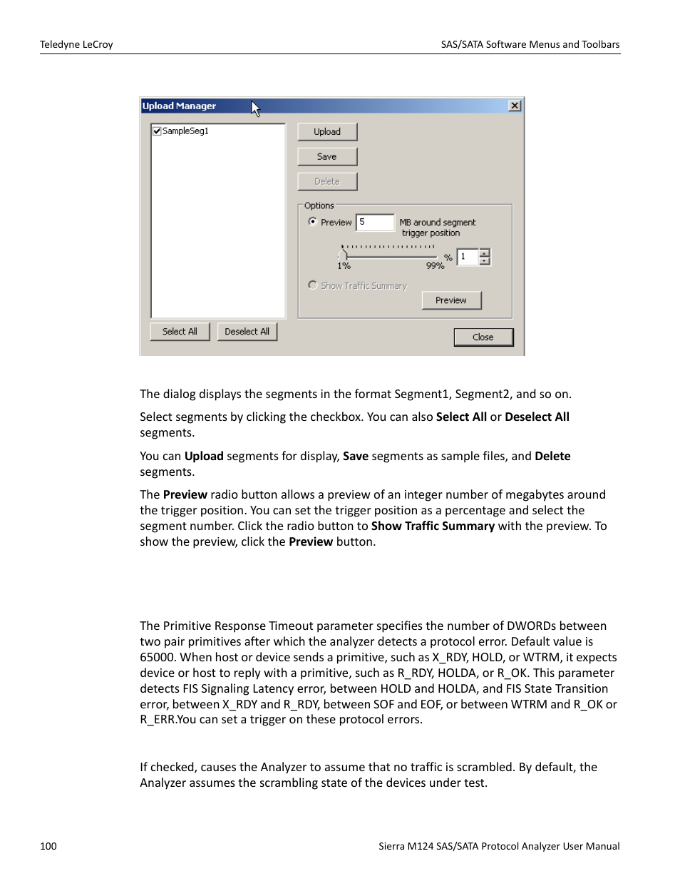 17 analyzer settings, Primitive response timeout, Disable scrambling | Teledyne LeCroy Sierra M124 User Manual User Manual | Page 102 / 391