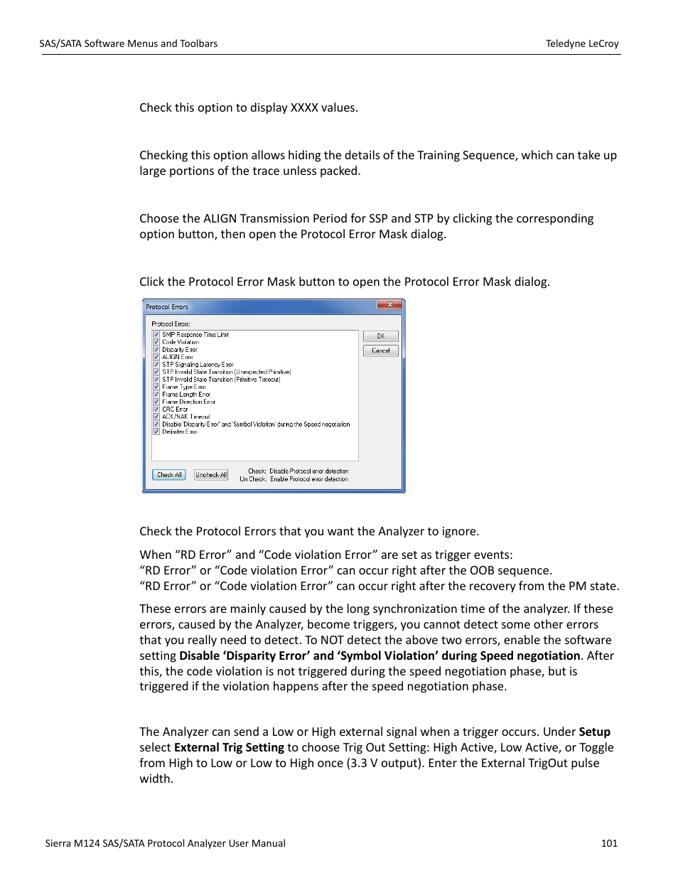 Show xxxx value, Pack training sequence, Protocol error mask | External trig out setting | Teledyne LeCroy Sierra M124 User Manual User Manual | Page 103 / 391