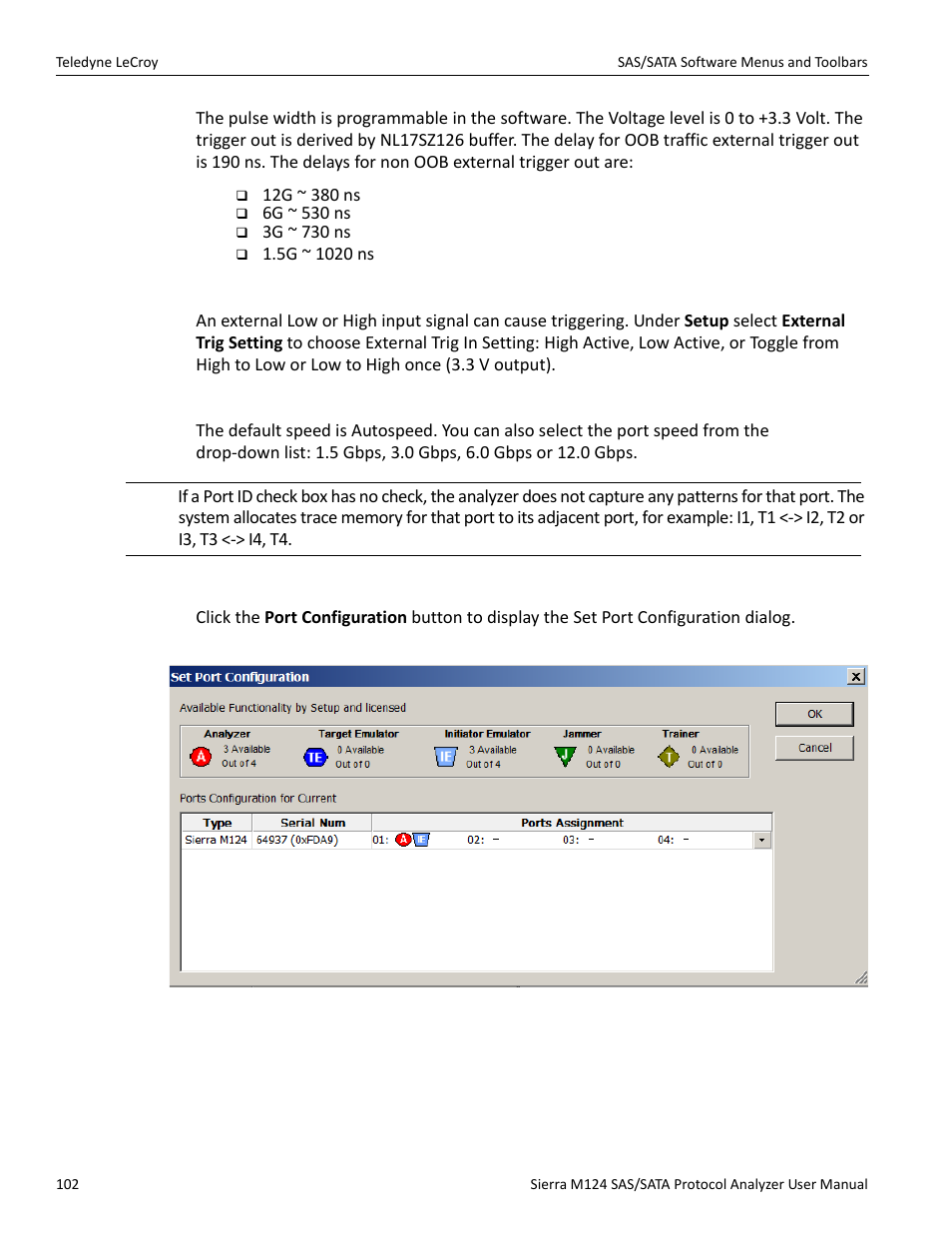 External trig in setting, Choose port speed, Ports configuration | Teledyne LeCroy Sierra M124 User Manual User Manual | Page 104 / 391