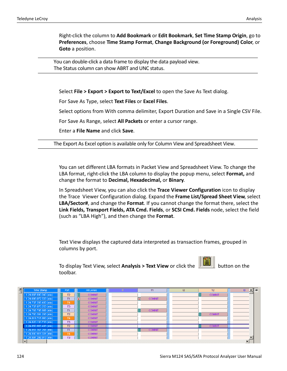 Export as text/excel, Change format of logical block address (lba), 6 text view | Teledyne LeCroy Sierra M124 User Manual User Manual | Page 126 / 391