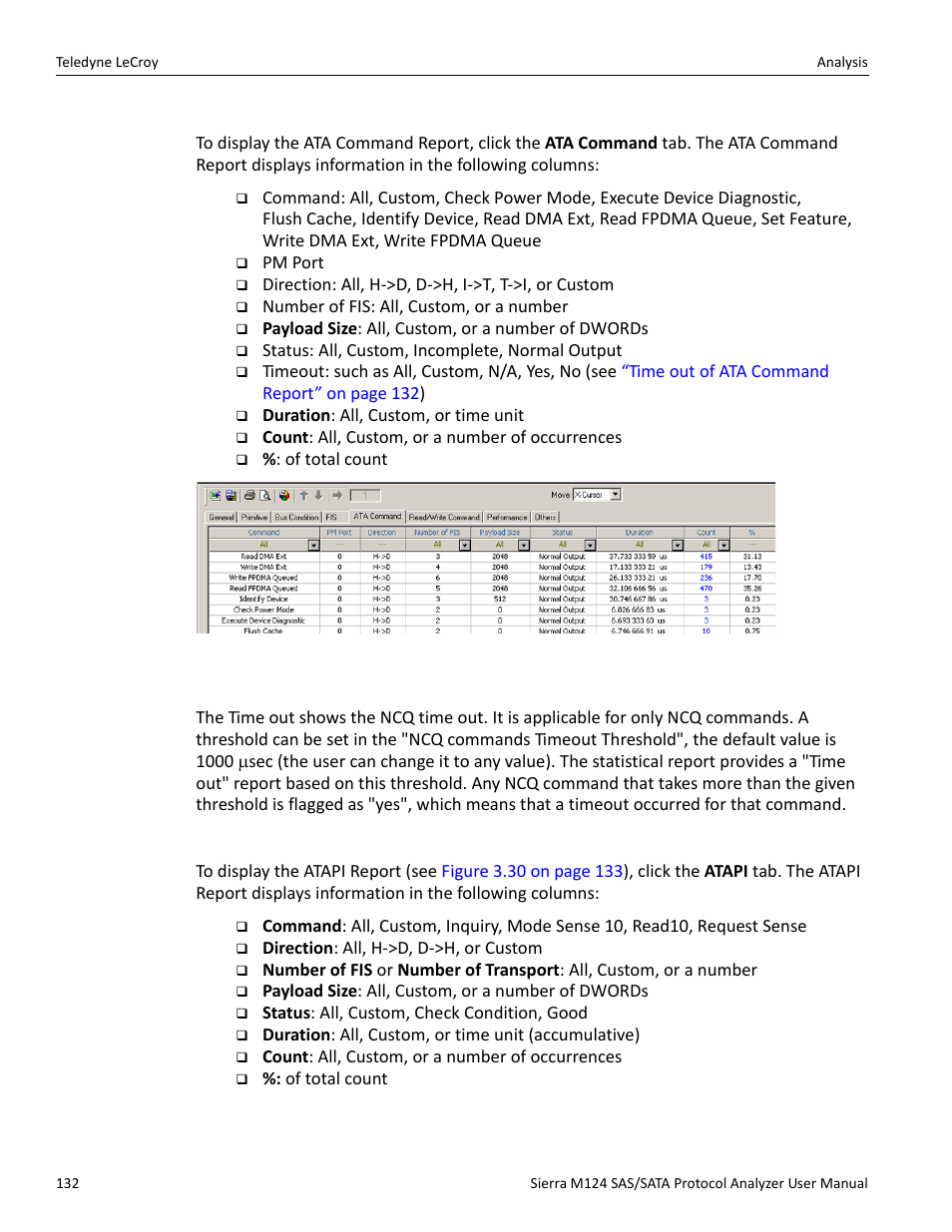 Ata command report, Atapi report | Teledyne LeCroy Sierra M124 User Manual User Manual | Page 134 / 391