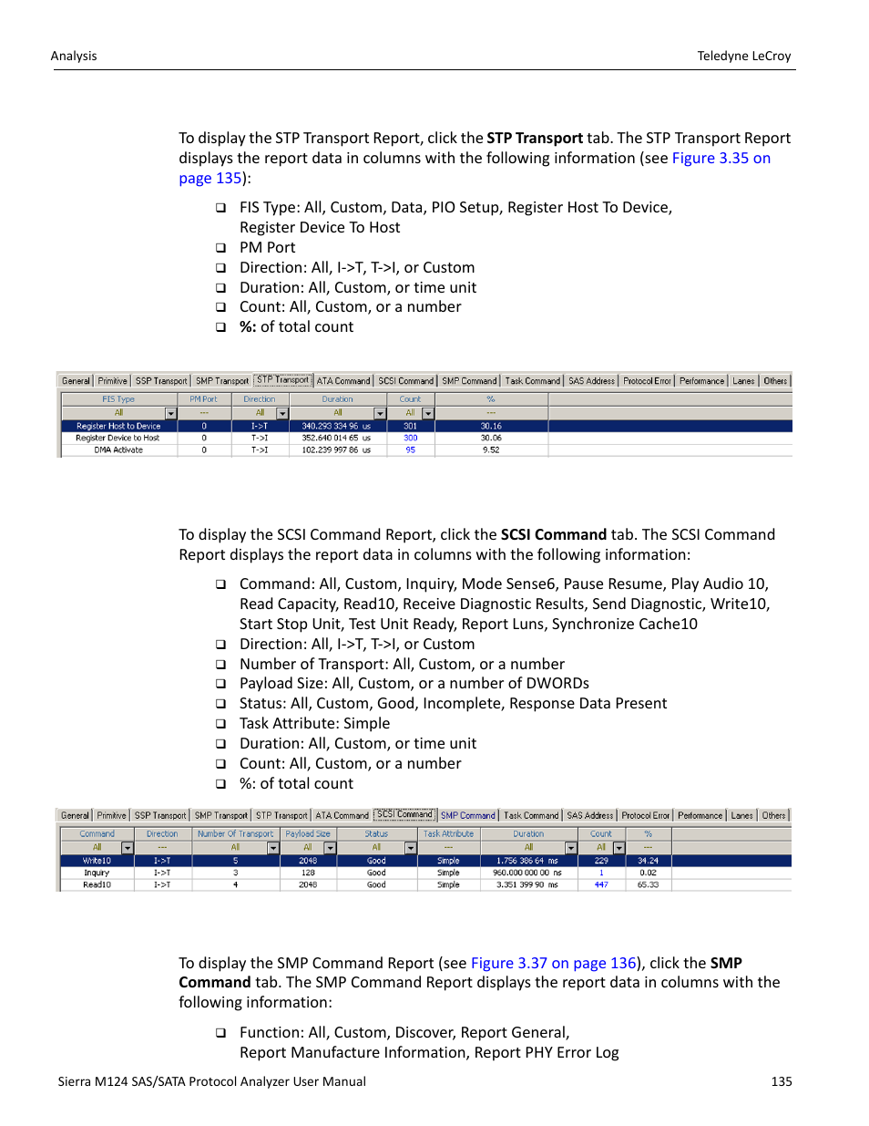 Stp transport report (sas), Scsi command report (sas), Smp command report (sas) | Teledyne LeCroy Sierra M124 User Manual User Manual | Page 137 / 391