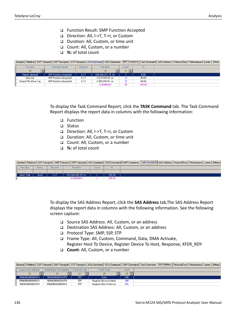 Task command report (sas), Sas address report (sas) | Teledyne LeCroy Sierra M124 User Manual User Manual | Page 138 / 391