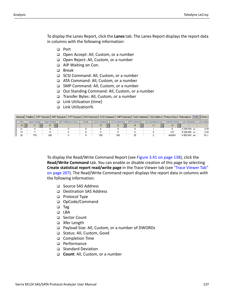 Lanes report (sas), Read/write command report (sas) | Teledyne LeCroy Sierra M124 User Manual User Manual | Page 139 / 391