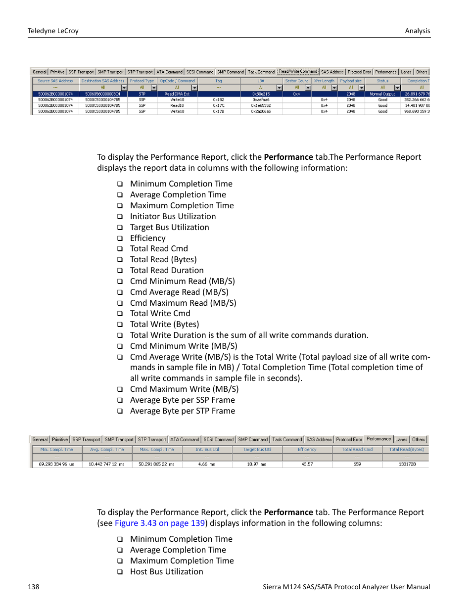 Performance report (sas), Performance report (sata) | Teledyne LeCroy Sierra M124 User Manual User Manual | Page 140 / 391