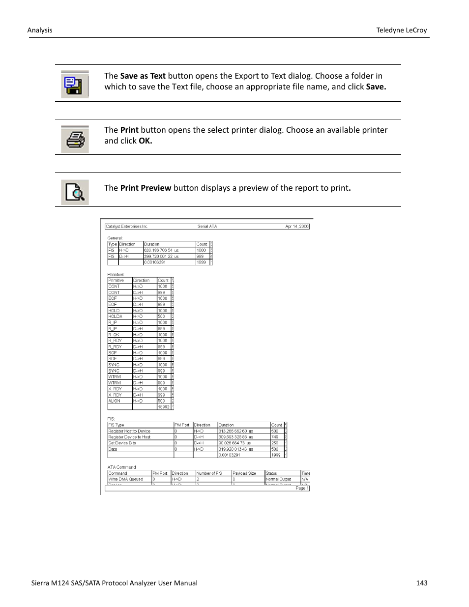 Save as text file, Print statistical report, Print preview | Teledyne LeCroy Sierra M124 User Manual User Manual | Page 145 / 391