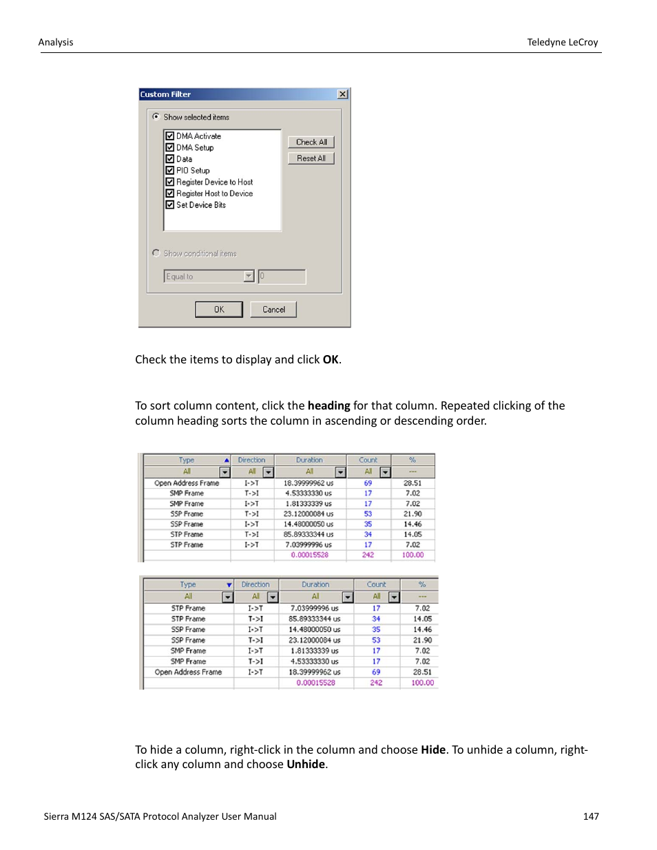 Sorting column content, Hiding columns | Teledyne LeCroy Sierra M124 User Manual User Manual | Page 149 / 391