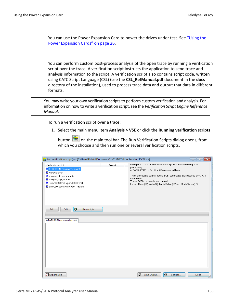 4 using the power expansion card, 5 running verification script engine (vse), Running verification script engine (vse)” on | Teledyne LeCroy Sierra M124 User Manual User Manual | Page 157 / 391