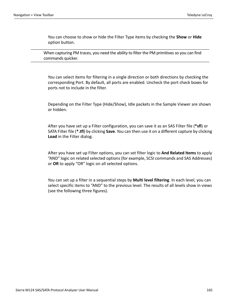 Filter type, Filtering direction, Filter idle | Save filter setup, Filter logic, Multilevel filtering | Teledyne LeCroy Sierra M124 User Manual User Manual | Page 167 / 391