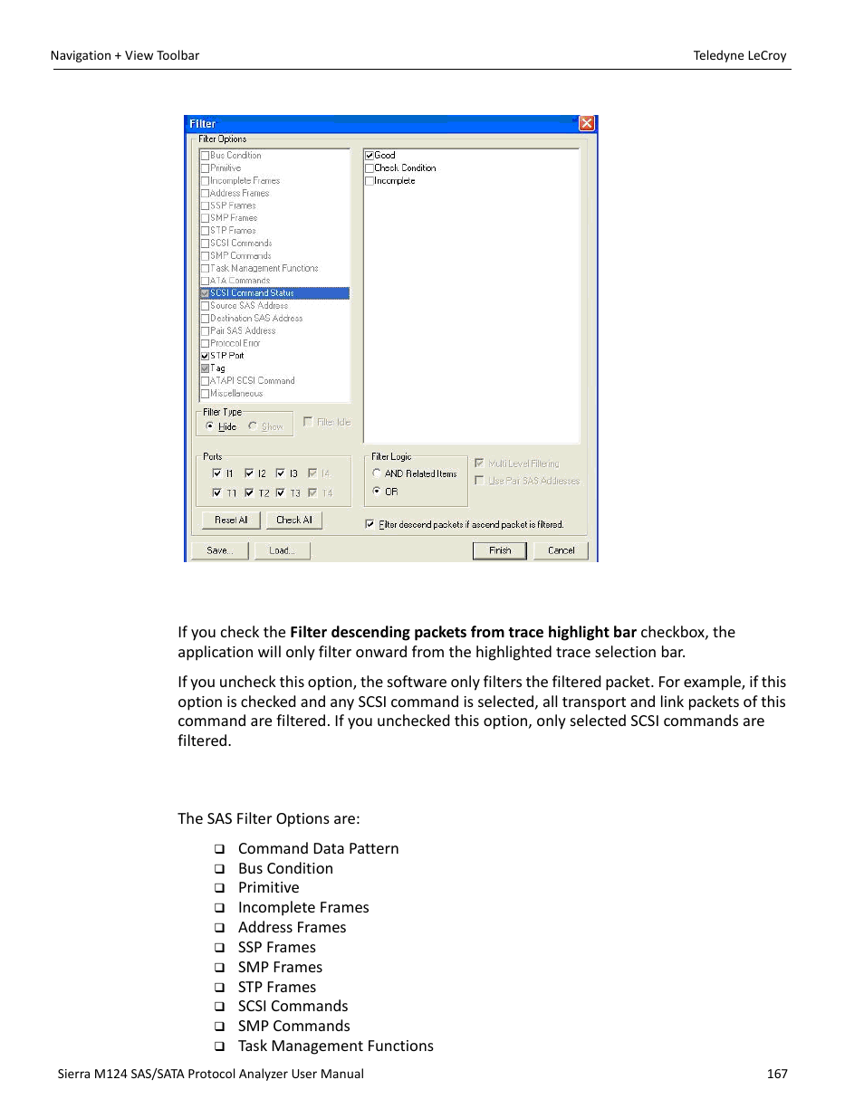 Filter descending packets from trace highlight bar, 4 selectable filter options for sas | Teledyne LeCroy Sierra M124 User Manual User Manual | Page 169 / 391