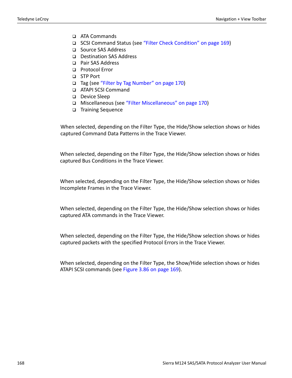 Command data pattern, Bus condition, Incomplete frames | Ata command, Protocol error, Atapi scsi command | Teledyne LeCroy Sierra M124 User Manual User Manual | Page 170 / 391