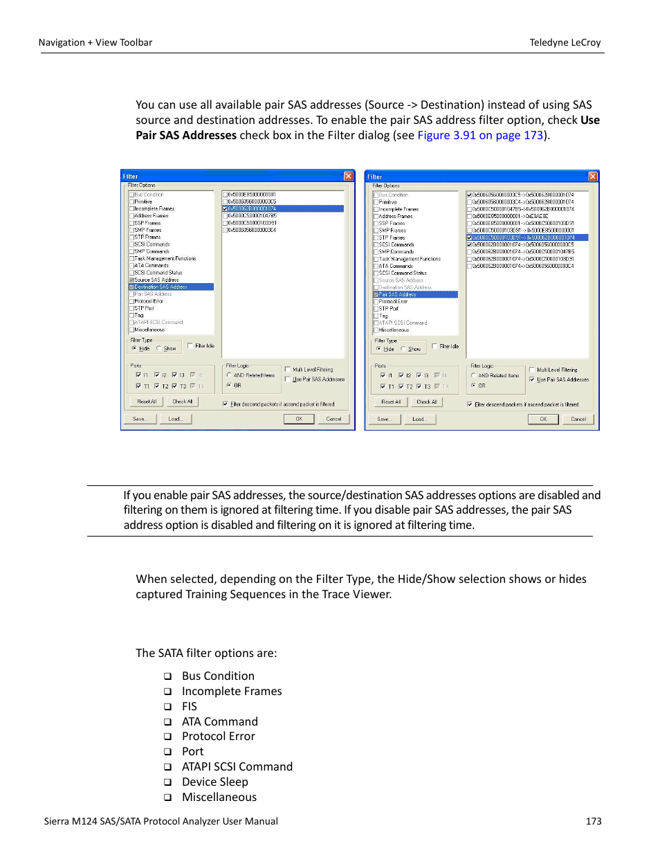 Use pair sas addresses, Training sequence, 5 selectable filter options for sata | Selectable | Teledyne LeCroy Sierra M124 User Manual User Manual | Page 175 / 391