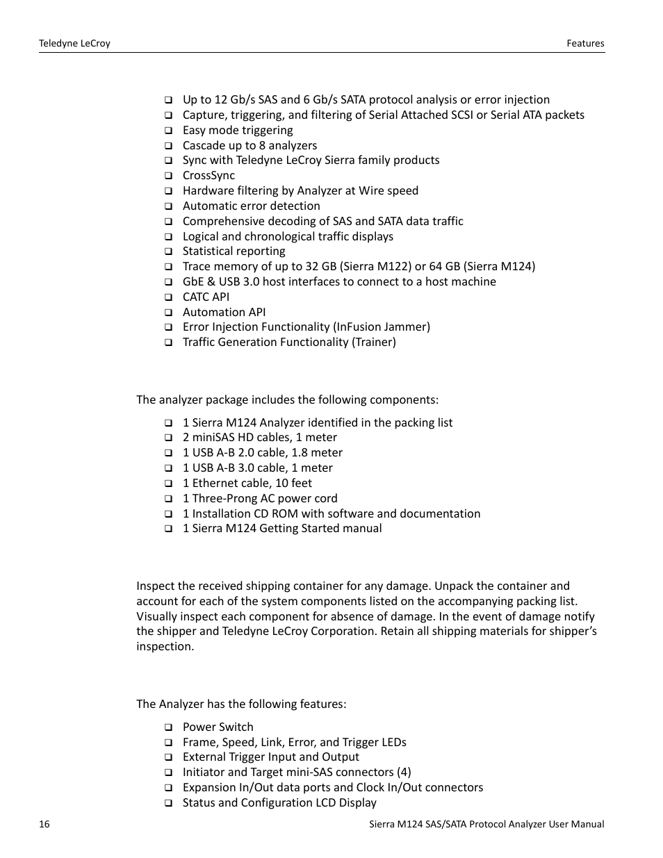 2 features, 3 receiving your analyzer, 4 unpacking your analyzer | 5 analyzer features | Teledyne LeCroy Sierra M124 User Manual User Manual | Page 18 / 391