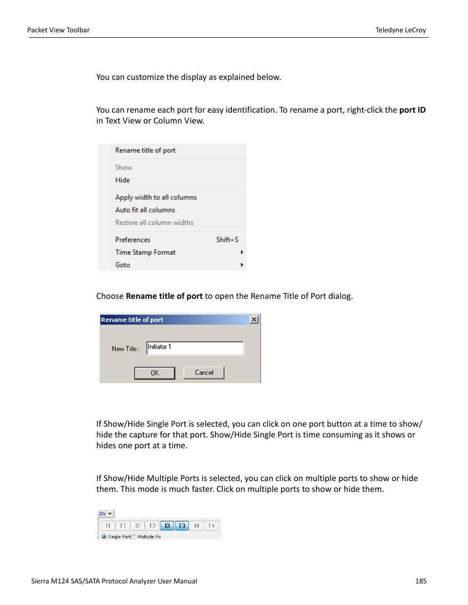 4 customize display, Rename port, Show/hide single port | Show/hide multiple ports | Teledyne LeCroy Sierra M124 User Manual User Manual | Page 187 / 391