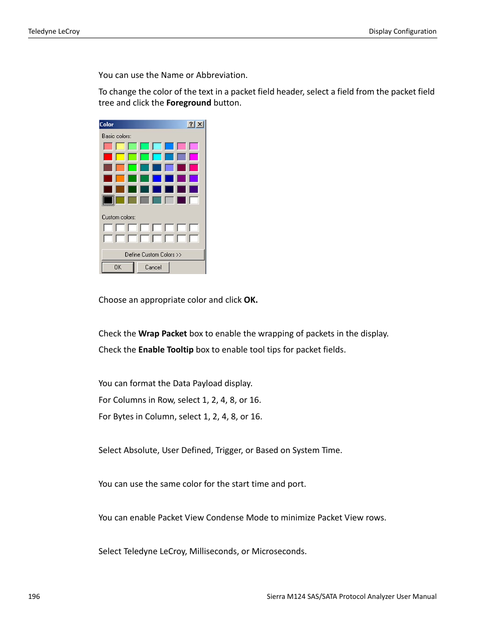 Field header setting, Viewer setting, Data payload | Time stamp origin, Start time and port, Packet view condense mode, Time stamp format | Teledyne LeCroy Sierra M124 User Manual User Manual | Page 198 / 391