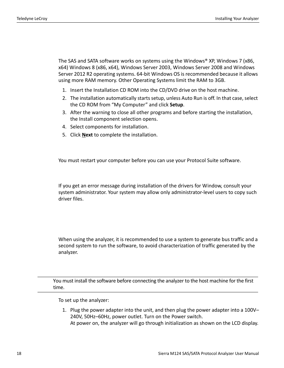 7 installing your analyzer, 8 software installation, 1 system restart | 2 error message, 9 hardware setup, 1 separate systems, 2 connecting in general | Teledyne LeCroy Sierra M124 User Manual User Manual | Page 20 / 391