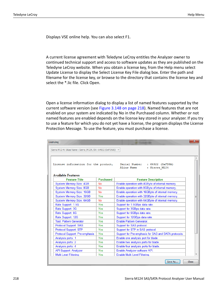 3 vse help topics, 4 update license, 5 display license information | Teledyne LeCroy Sierra M124 User Manual User Manual | Page 220 / 391