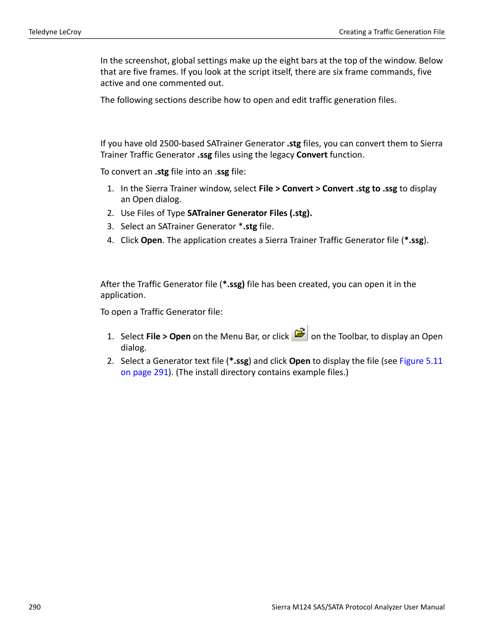 3 converting a satrainer traffic generation file, 4 opening a traffic generation file | Teledyne LeCroy Sierra M124 User Manual User Manual | Page 292 / 391