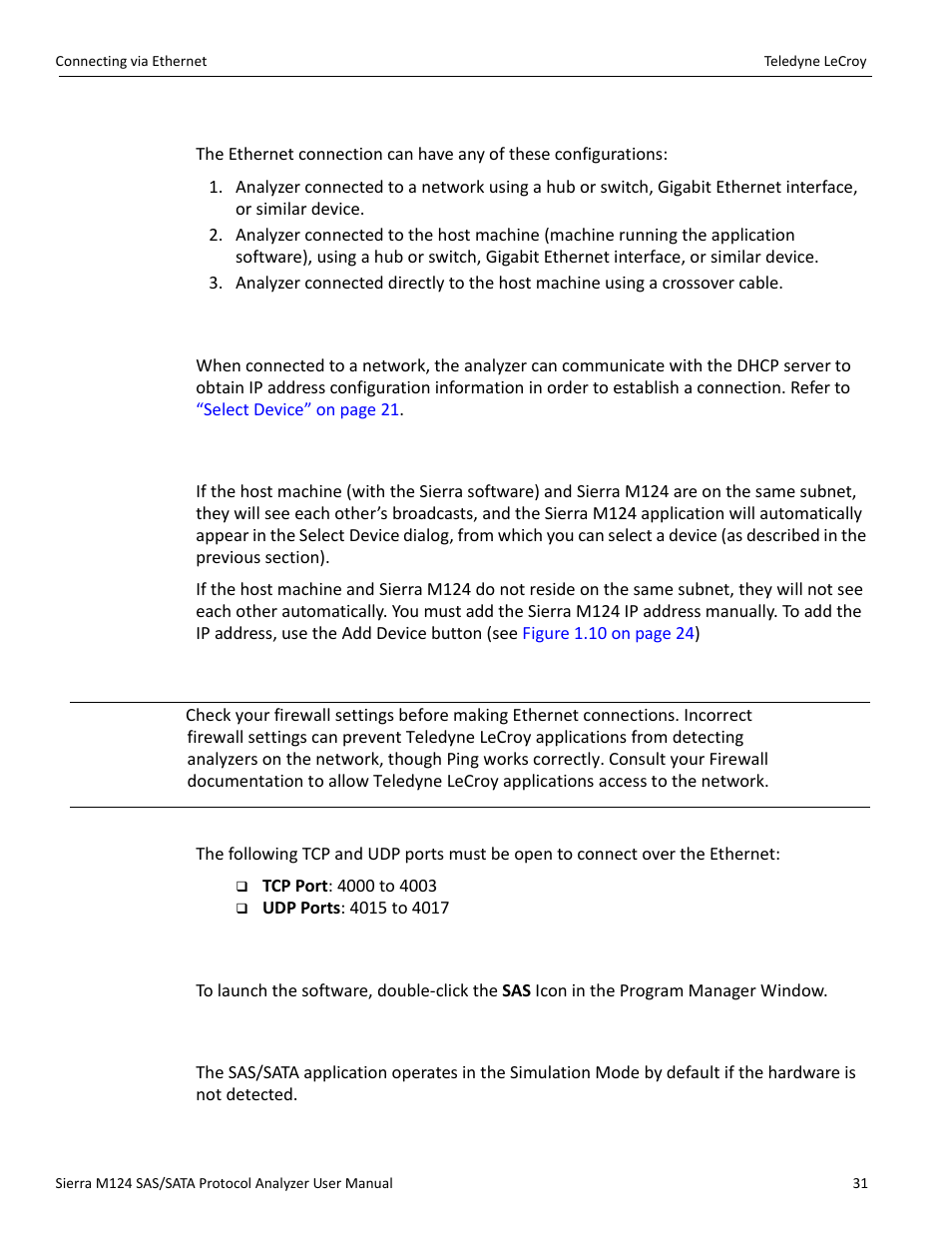 11 connecting via ethernet, 12 connecting to a network, 13 connecting over different subnets | 15 launching your analyzer, 16 operating in simulation mode | Teledyne LeCroy Sierra M124 User Manual User Manual | Page 33 / 391