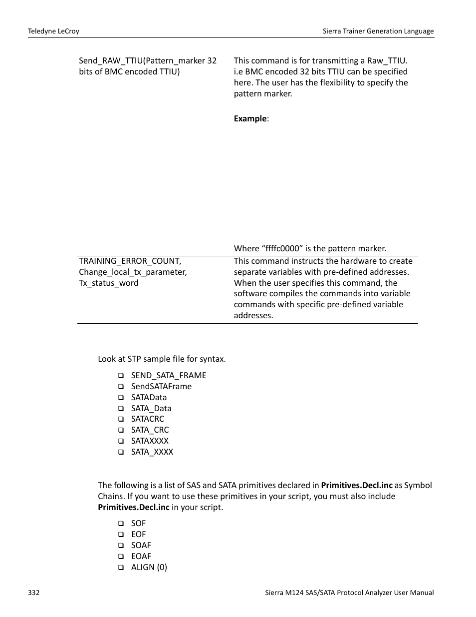 Sata commands, Primitive commands | Teledyne LeCroy Sierra M124 User Manual User Manual | Page 334 / 391