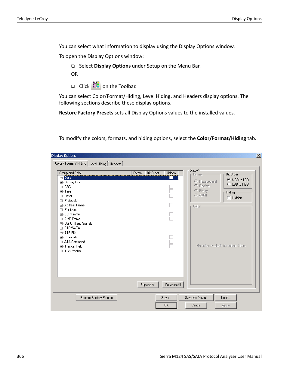 12 display options, 1 color/format/hiding display options | Teledyne LeCroy Sierra M124 User Manual User Manual | Page 368 / 391