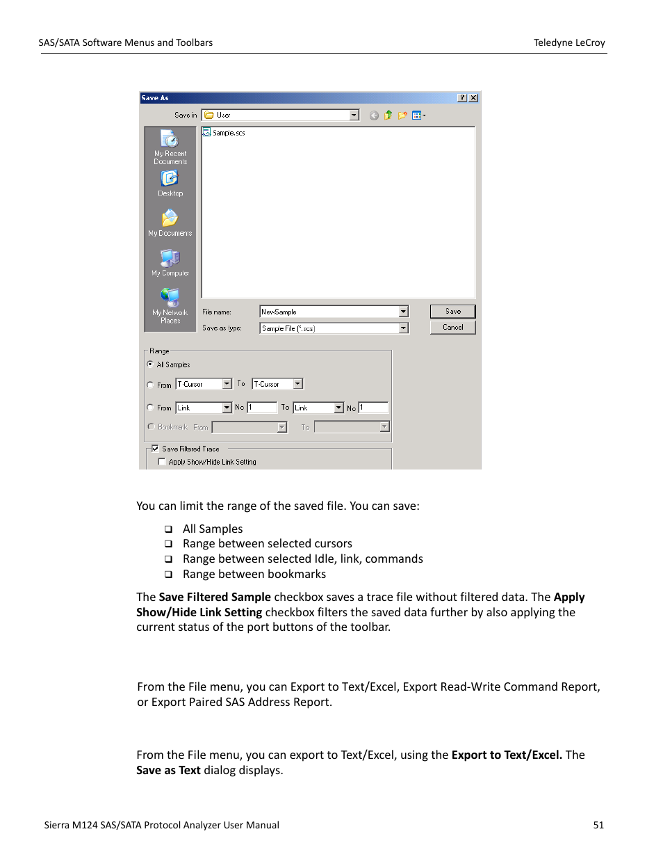 9 exporting, Export to text/excel | Teledyne LeCroy Sierra M124 User Manual User Manual | Page 53 / 391
