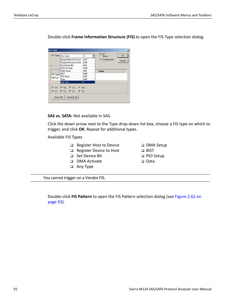 Fis (sata only), Fis pattern (sata only) | Teledyne LeCroy Sierra M124 User Manual User Manual | Page 94 / 391