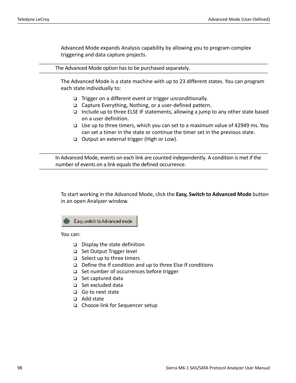 16 advanced mode (user-defined), 1 working in advanced mode | Teledyne LeCroy Sierra M6-1 SAS_SATA Protocol Analyzer User Manual User Manual | Page 100 / 302