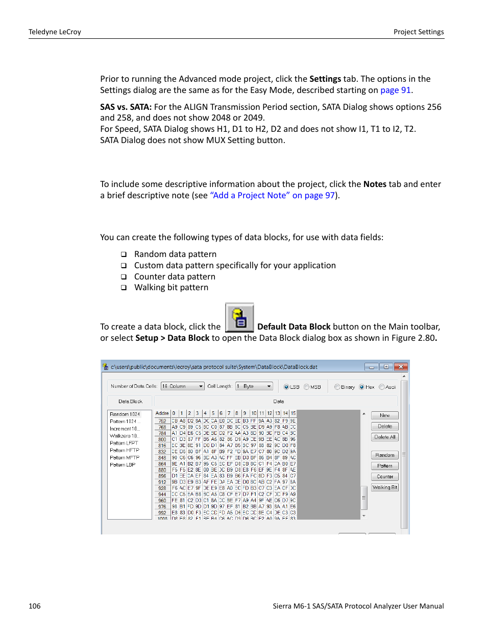 17 project settings, 1 notes, 18 creating a data block | Teledyne LeCroy Sierra M6-1 SAS_SATA Protocol Analyzer User Manual User Manual | Page 108 / 302