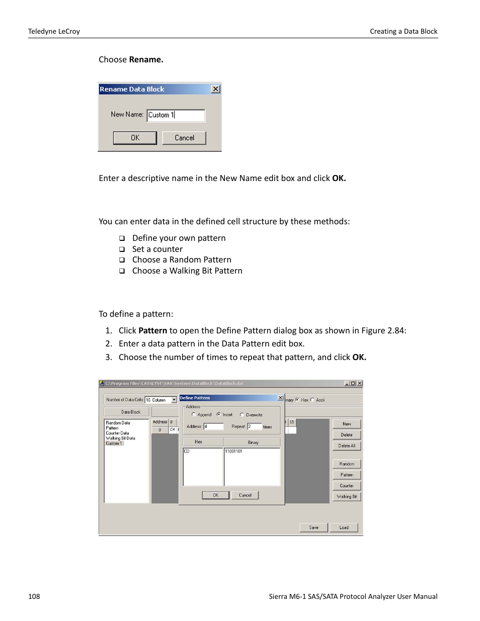 2 editing a data block, 3 define your own pattern | Teledyne LeCroy Sierra M6-1 SAS_SATA Protocol Analyzer User Manual User Manual | Page 110 / 302