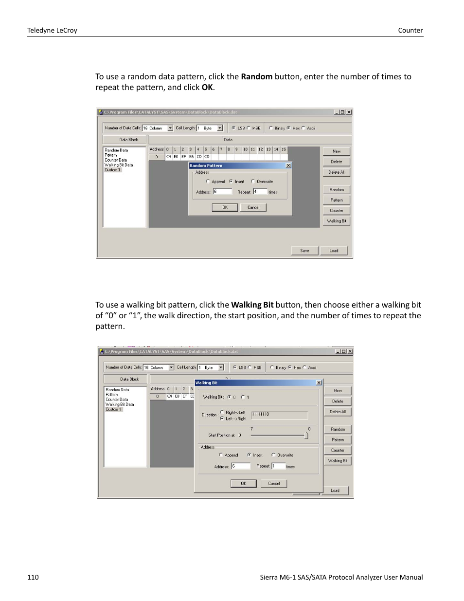 1 random data pattern, 2 walking bit pattern | Teledyne LeCroy Sierra M6-1 SAS_SATA Protocol Analyzer User Manual User Manual | Page 112 / 302