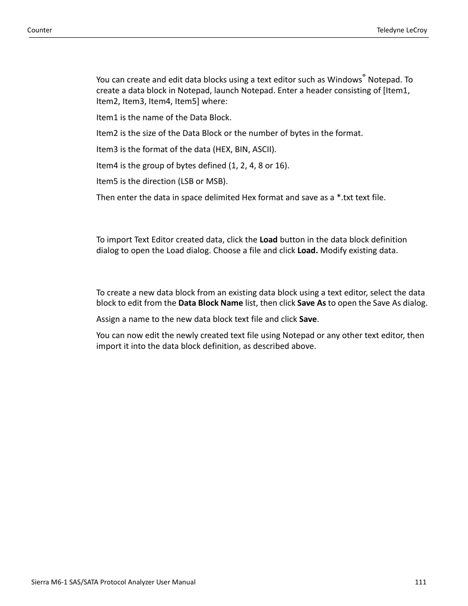 3 creating and editing data blocks as text, 4 load data, 5 save as | Teledyne LeCroy Sierra M6-1 SAS_SATA Protocol Analyzer User Manual User Manual | Page 113 / 302