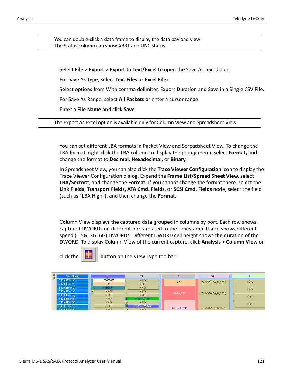 Export as text/excel, Change format of logical block address (lba), 6 column view | Teledyne LeCroy Sierra M6-1 SAS_SATA Protocol Analyzer User Manual User Manual | Page 123 / 302