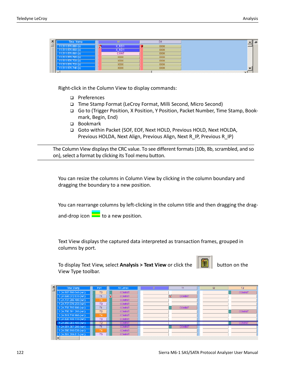 Resize columns, Rearrange columns, 7 text view | Teledyne LeCroy Sierra M6-1 SAS_SATA Protocol Analyzer User Manual User Manual | Page 124 / 302