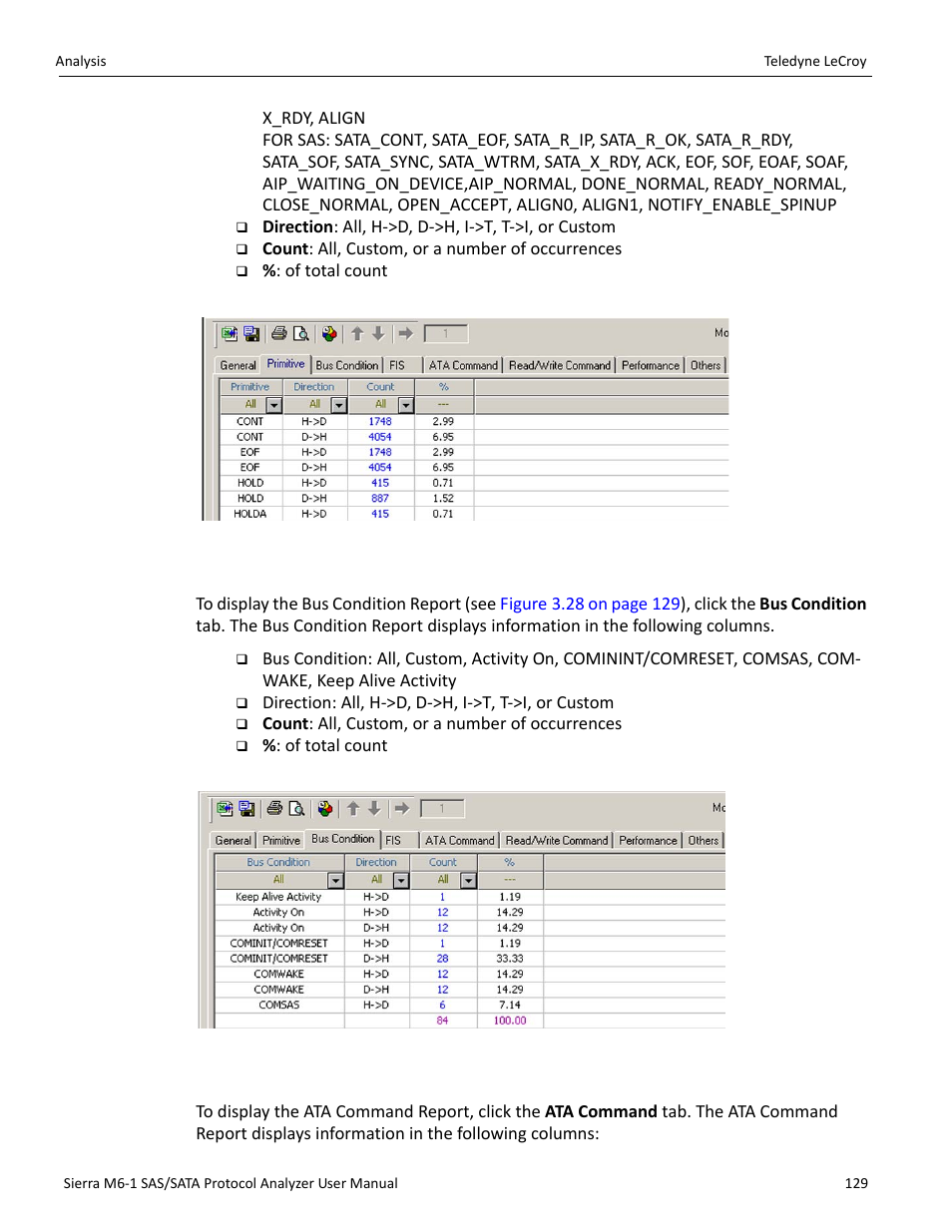 Bus condition report, Ata command report | Teledyne LeCroy Sierra M6-1 SAS_SATA Protocol Analyzer User Manual User Manual | Page 131 / 302