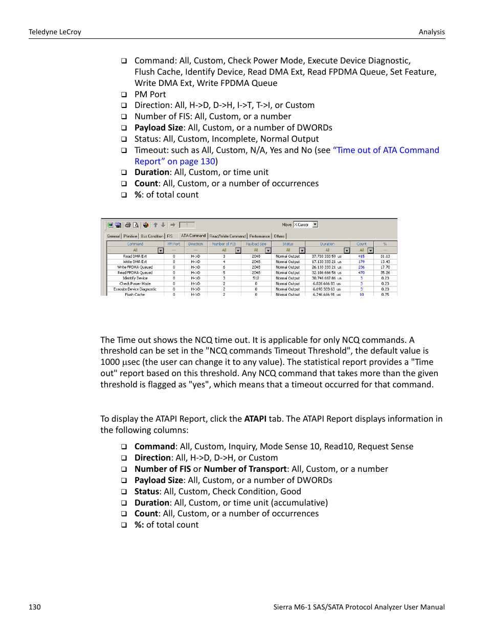 Time out of ata command report, Atapi report | Teledyne LeCroy Sierra M6-1 SAS_SATA Protocol Analyzer User Manual User Manual | Page 132 / 302