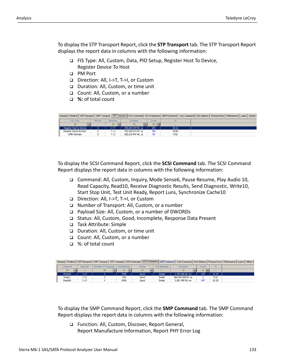 Stp transport report (sas), Scsi command report (sas), Smp command report (sas) | Teledyne LeCroy Sierra M6-1 SAS_SATA Protocol Analyzer User Manual User Manual | Page 135 / 302